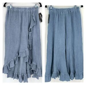 NWT Ornella Women's Linen Blend Ruffle Asymmetrical Midi Skirt Blue Size Large